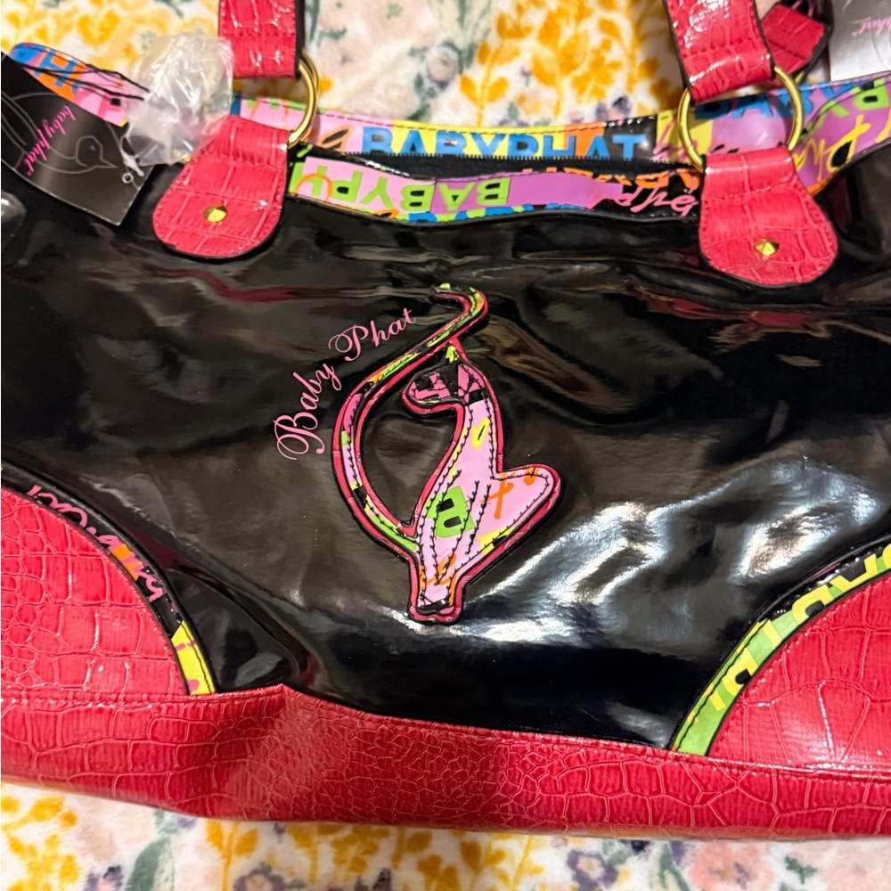 Baby Phat Black Patent Tote and Wallet with Hot Pink Trim & Multicolor Logo - Picture 2 of 16